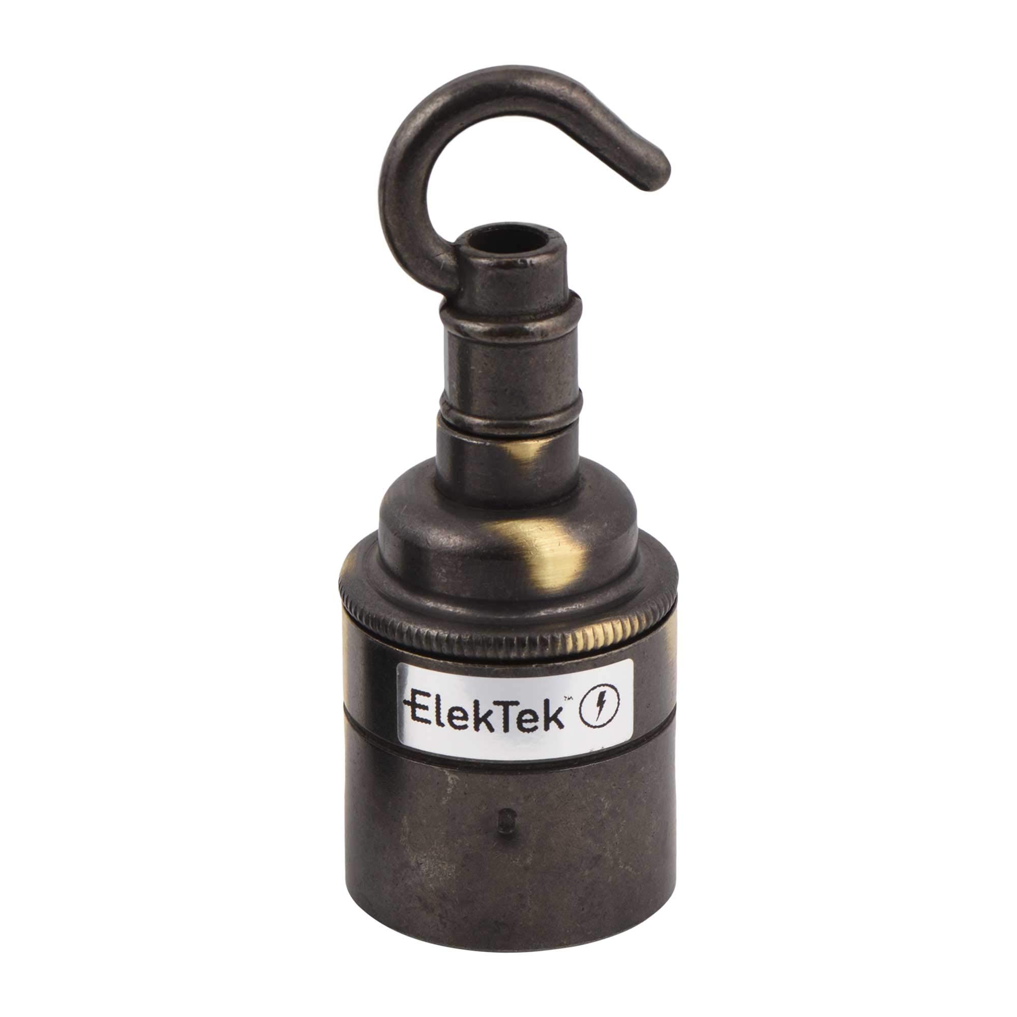 ElekTek ES Edison Screw E27 Lamp Holder Plain Skirt With Accessory Hook Ideal for Vintage Filament Bulbs Brushed Antique