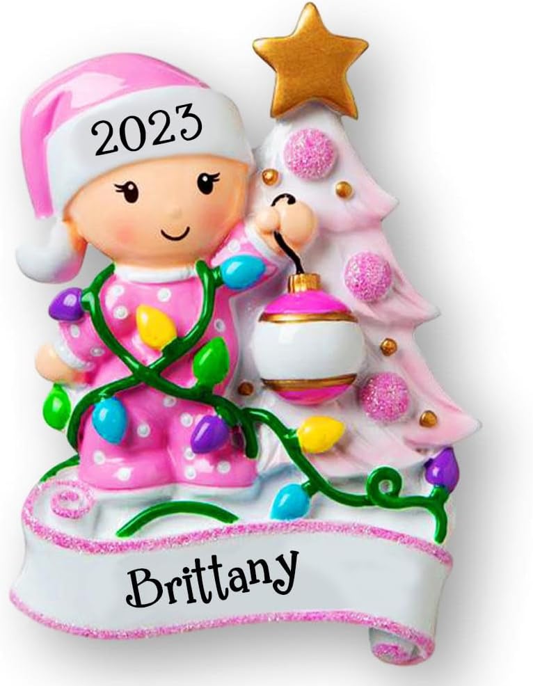 Ornaments - Personalized Baby Girl Christmas Ornament - Baby in Pink Pajamas with Christmas Tree Holiday Decoration - Baby's First Keepsake Ornament - Custom Name and Date