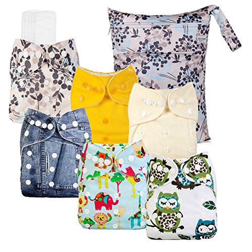 Mumsbest One Size Adjustable Washable Reusable Baby Pocket Cloth Diaper Covers 1 Wet Bag + 6 Inserts + 6 Cloth Diapers