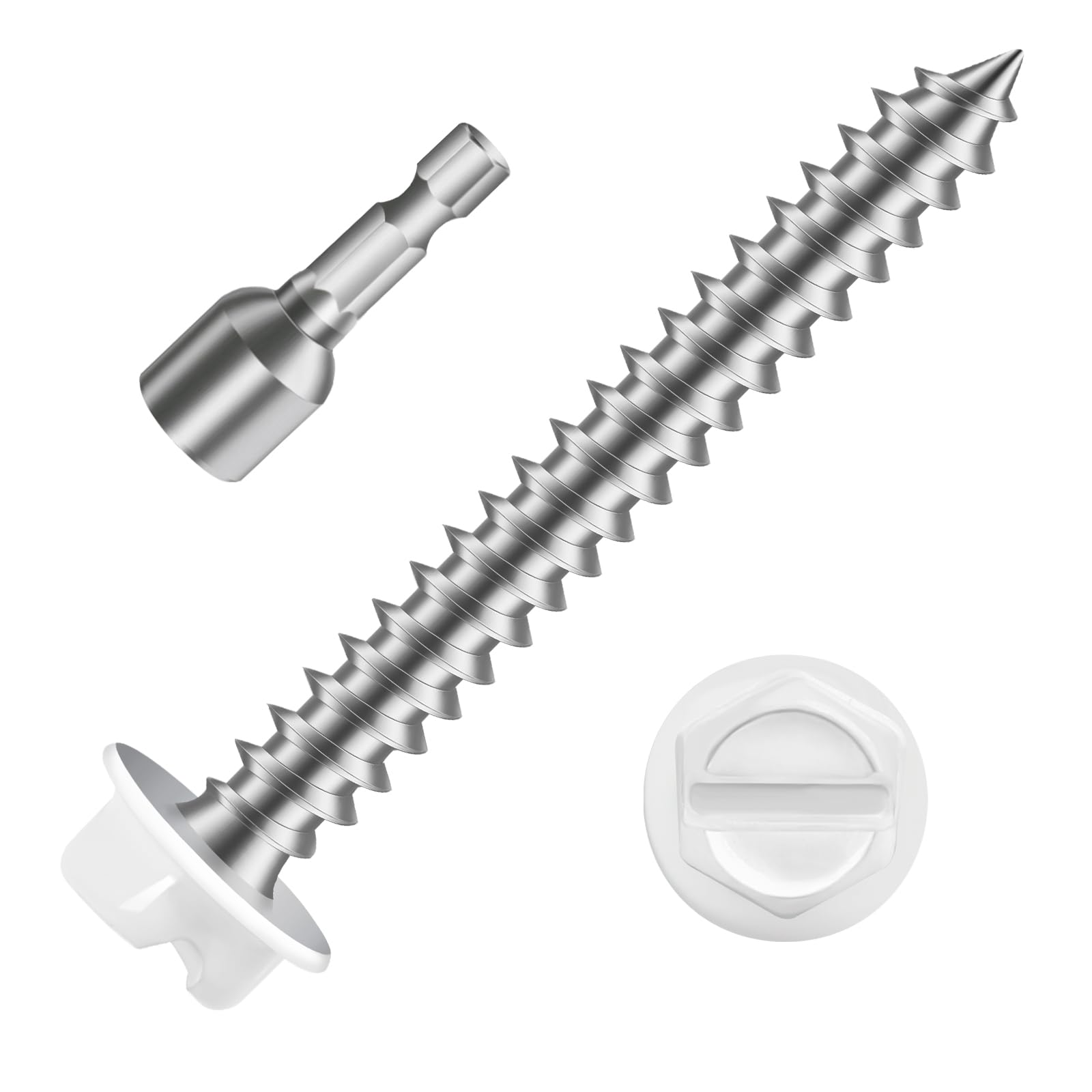 Photo 1 of MewuDecor #8 x 1-1/4" White Painted Hex Washer Head Self Tapping Screws, Self Piercing Gutter Screws, Socket Bit Included, 100 PCS