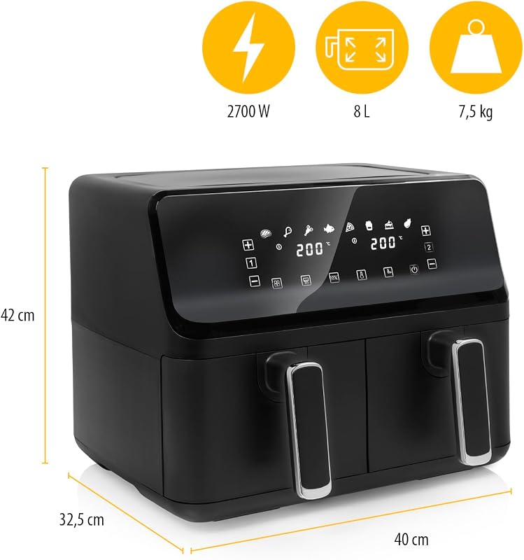 digitale Heißluftfritteuse mit Doppelkorb - 2 x 4 L Fassungsvermögen - 2700 W - 8 Programme - Temperatur pro Korb einstellbar, Blacks, FR-9026, Schwarz