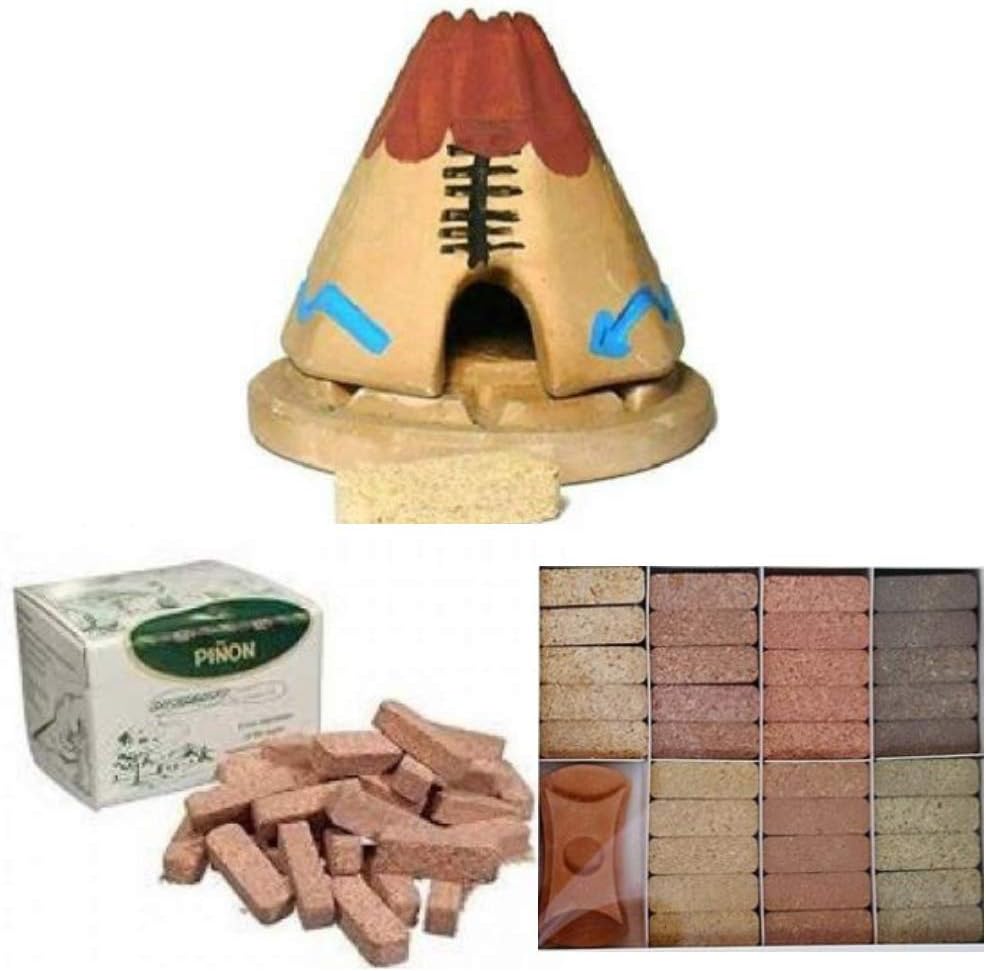 Teepee Incense Burner with 20 Pinon Natural Wood Incense, 40 Pinon Natural Wood Incense, 7 Scent Sampler Wood Incenses (10 Incense Bricks of Each Scent) with Holder - All-in-One