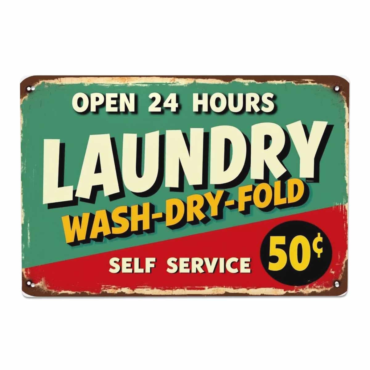 AOYEGO Laundry Tin Sign,Self Service Wash Dry Fold Vintage Metal Tin Signs for Cafes Bars Pubs Shop Wall Decorative Funny Retro Signs for Men Women 8x12 Inch