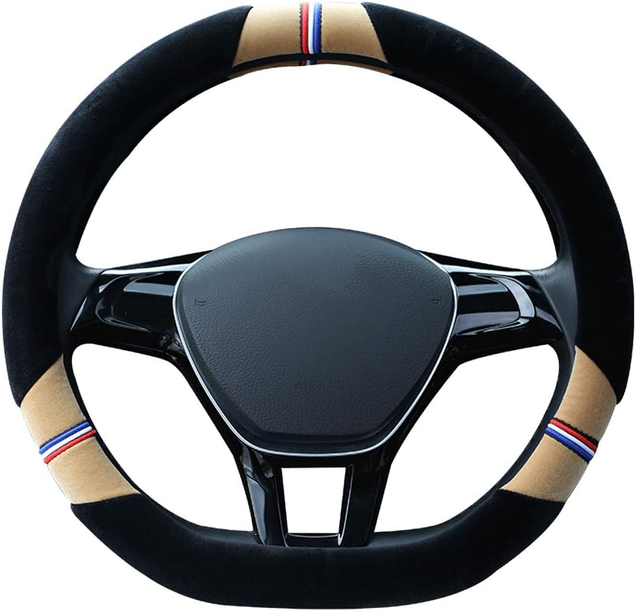 GAOQQ Plush Steering Wheel Cover, D-Type Car Special Five-Color Series to Send Gear Set + Hand Brake Cover,Beige-38CM