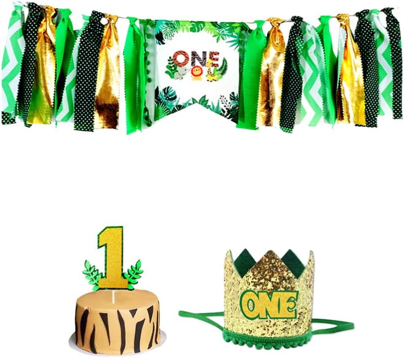 Amosfun Jungle Safari Baby 1st Birthday Party Decorations Kit with Birthday Tiara Crown ONE Cake Topper High Chair Banner Baby First Decorations