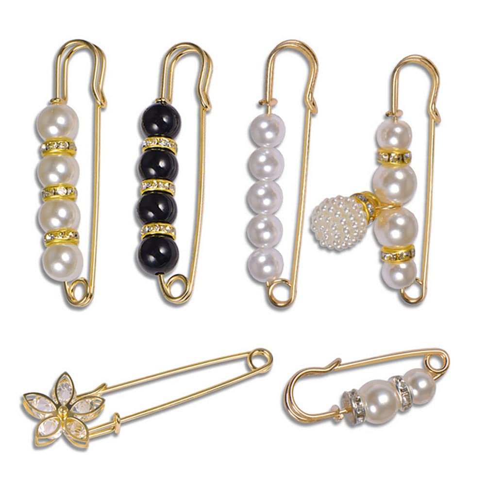 Fashion Pearl Brooch, Sweater Shawl Clip Faux Pearl Brooches Waist Pants Extender Safety Pins for Women Girls Clothing Dresses Decoration Accessories (6 Pcs)