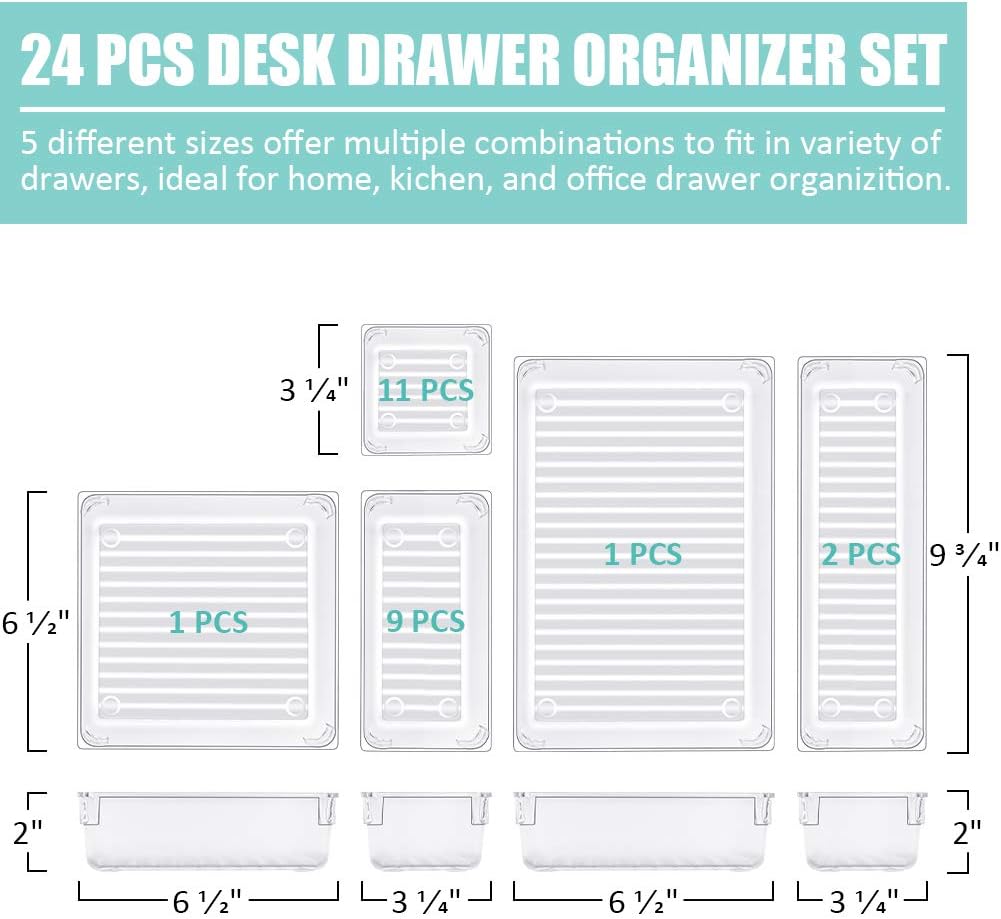 24 PCS Drawer Organizer Plastic Makeup Drawer Organizer 5 Size Silverware Drawer Organizer Versatile Kitchen Utensil Bathroom Office Storage Drawer Divider Bin Tray for Desk Dresser Vanity Cabinet: Home & Kitchen