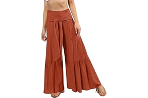 WOCACHI Women?s Summer Boho Tiered Wide Leg Pants Front Tie High Waist Loose Casual Beach Palazzo Pants with Belt