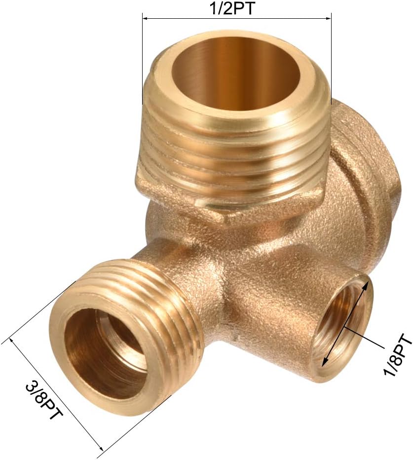 sourcing map Air Compressor Check Valve, 1/2" G x 3/8" G x 1/8" G M/F Thread, 3 Way Pneumatic Accessory, Brass - Image 3