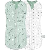 Baby Swaddle 0-2 Months, Cotton Arm-In Zipper Sleep Sack, Wearable Blankets Wrap for Newborn Infant Girls, Boys (Green Leaves, Polka Dots, Pack of 2)