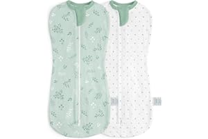 SANDJEST Baby Swaddle 0-2 Months, Cotton Arm-In Zipper Sleep Sack, Wearable Blankets Wrap for Newborn Infant Girls, Boys (Green Leaves, Polka Dots, Pack of 2)