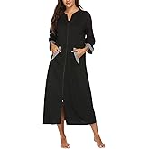Ekouaer Women Zipper Robe 3/4 Sleeves Loungewear Dress Full Length Sleepwear Pockets Housecoat Nightgown Long Bathrobe
