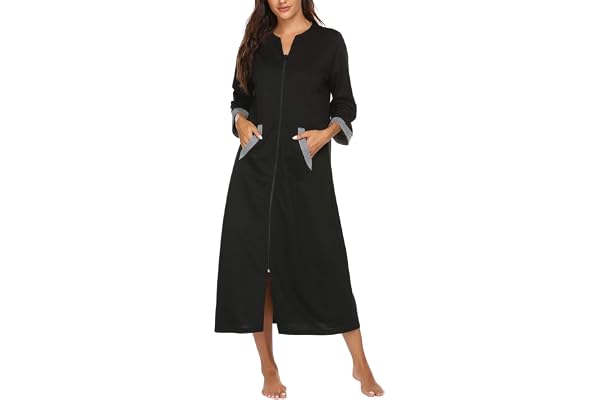 Ekouaer Robes for Women Zipper Robe 3/4 Sleeves Housecoat with Pockets | Full Length Loungewear, Easy Zip-Up Nightgown, Long