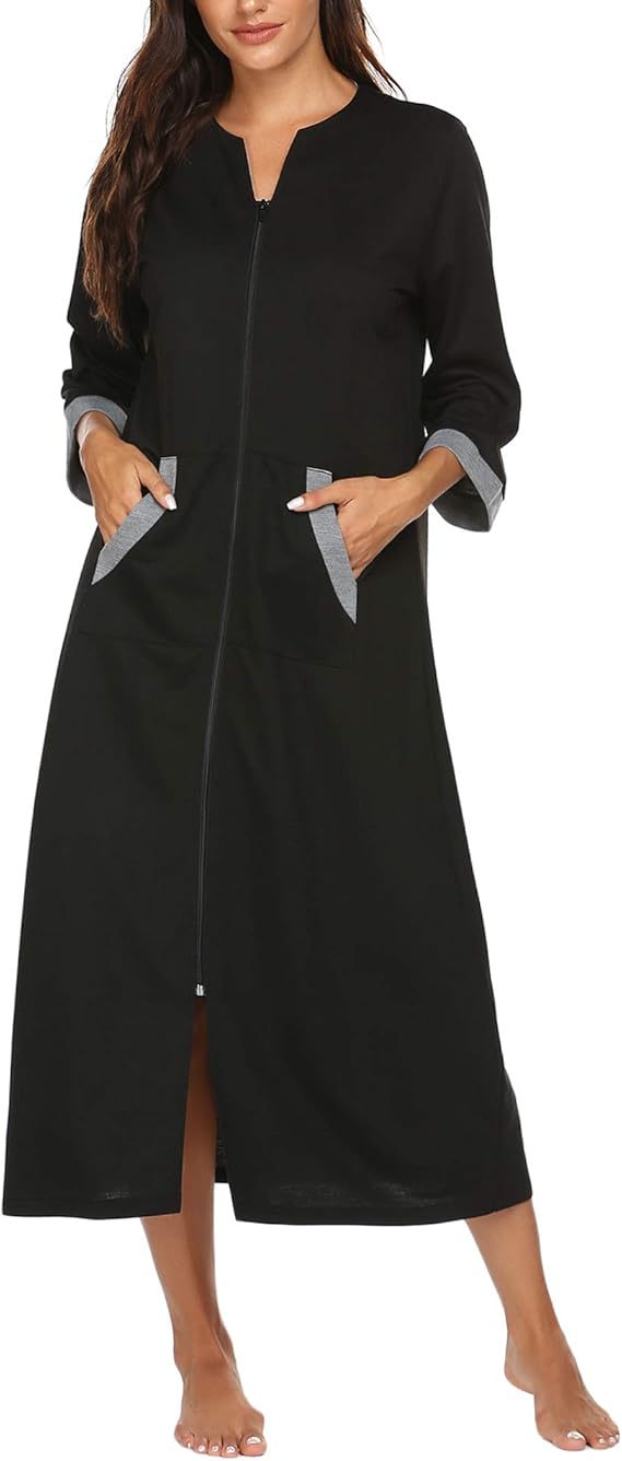 Ekouaer Women Long House Coat Zipper Front Robes Full Length Nightgowns with Pockets Striped Loungewear