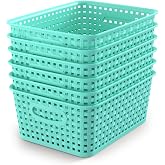 WYT 6-Pack Plastic Small Shelf Storage Weave Baskets Organizing for Cabinets and Pantries, Sky Blue