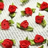 100pcs Fabric Ribbons Mini Satin Ribbon Rose Flower Leaf Wedding Appliques Sewing Decor Craft Supplies 2.5cm/0.98