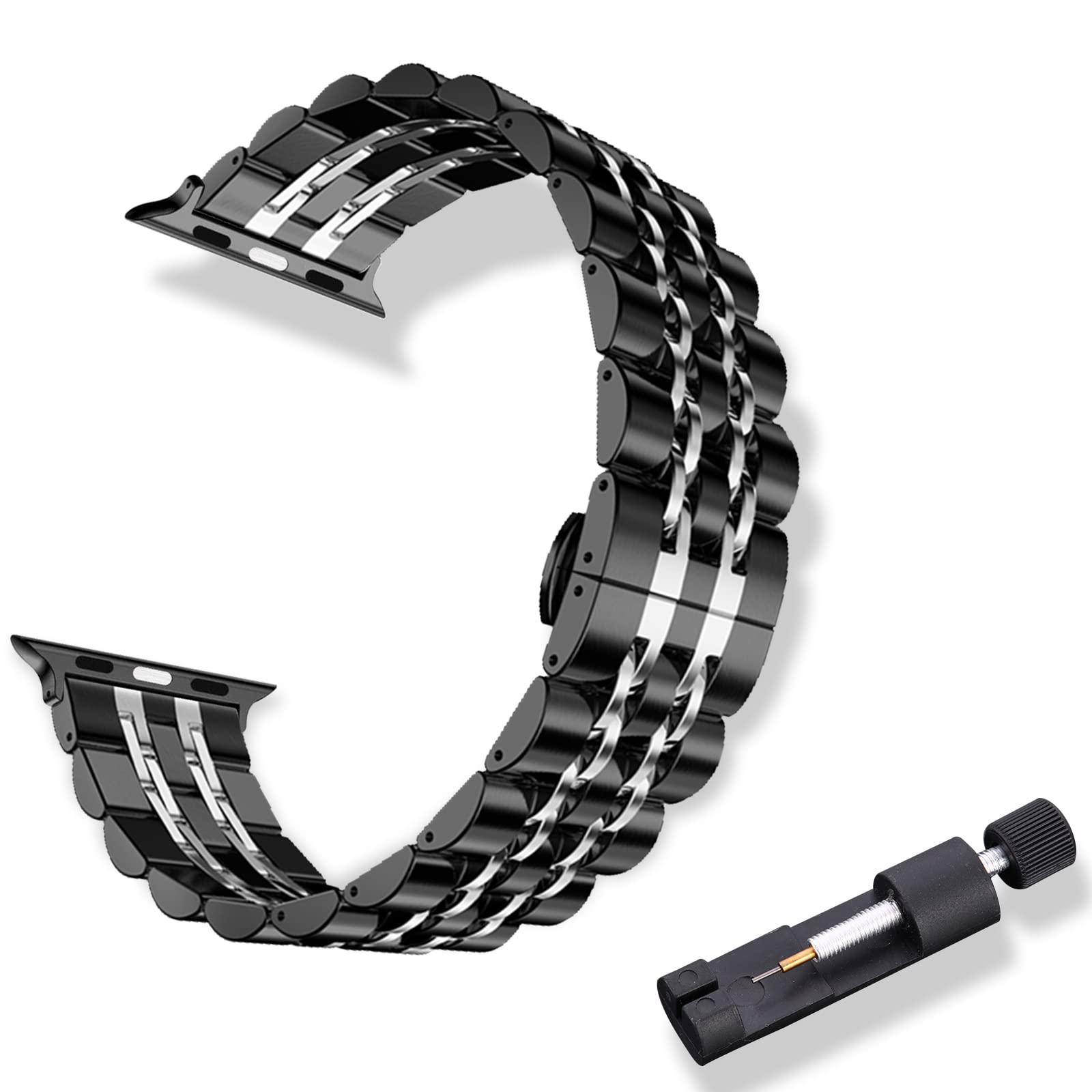 RoYiio Metal Strap for Apple Watch 38mm/40mm/41mm/Series 10 42mm/Series 11 42mm Strap Stainless Steel Replacement Bands for Apple Watch SE 3/2/1, Series 11/10/9/8/7/6/5/4/3/2/1 - Black Silver