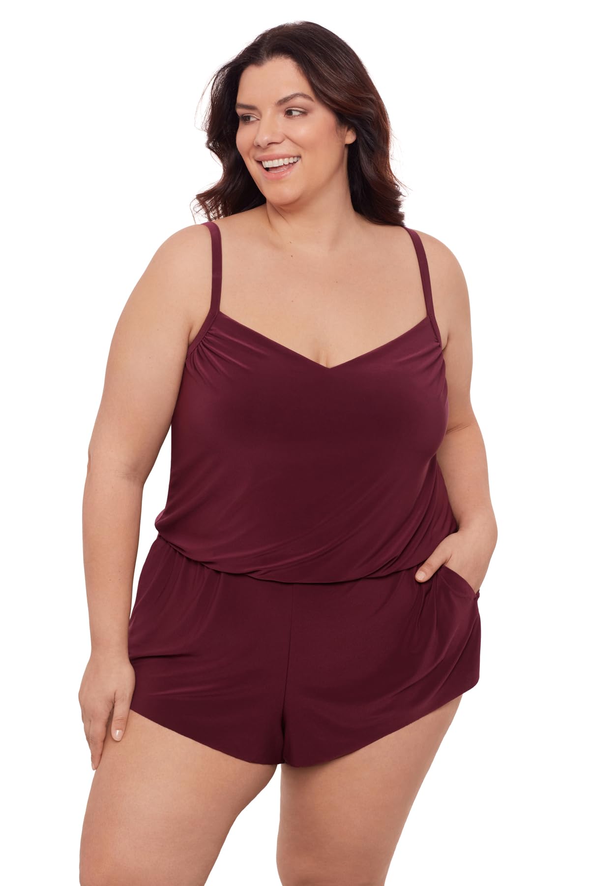 Aqua Green Women’s V-Neck Blouson Slimming Swim Romper with Pocket, Currant, Medium