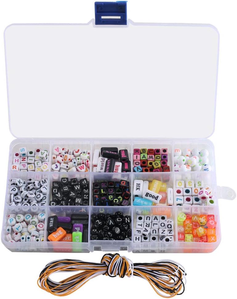 ETSAMOR 1100 pcs Acrylic Alphabet Letter Beads A-Z Cube Beads 15 Different Types Colorful Alphabet Beads with Thread DIY Beads Set for Kids DIY Necklace Bracelet Jewelry Making Key Chains