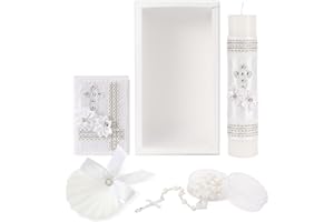 5 PCS Baptism Candle Set for Boys and Girls,White Baptism Kit Candle,Towel,Shell,Rosary &Bible for Baptismal Christening Firs