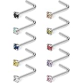 Ruifan 10-40PCS 22G Surgical Steel Diamond CZ Nose Stud Rings L Shaped Piercing Jewelry 1.5mm 2mm 2.5mm 3mm
