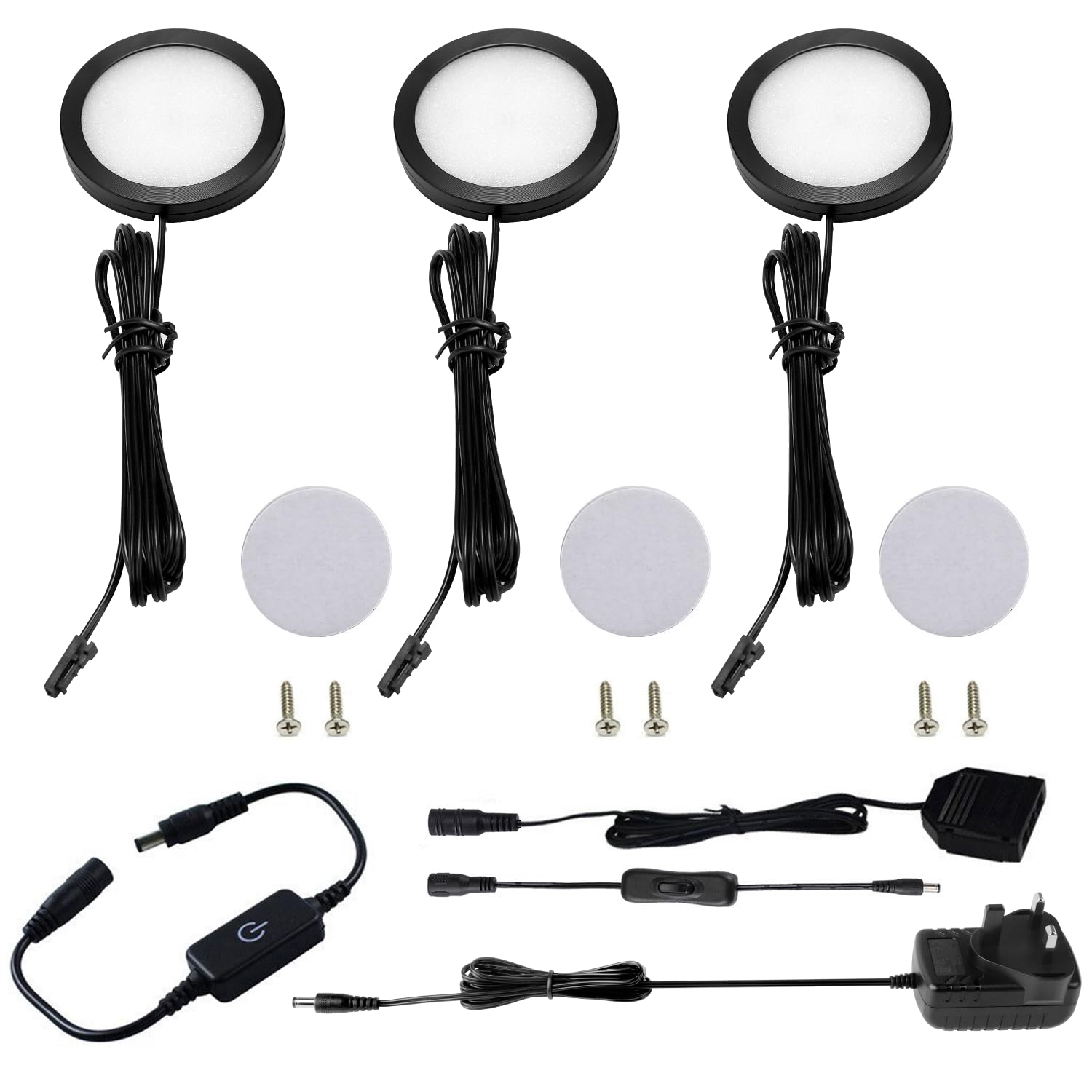 AIBOO Under Cabinet Kitchen Lights LED Black Cover Puck Lighting Kit with Touch Dimmer Switch,12V LED Under Cupboard Lights Under Counter Lights for Kitchen Cupboard Closet Lighting 3 Pack