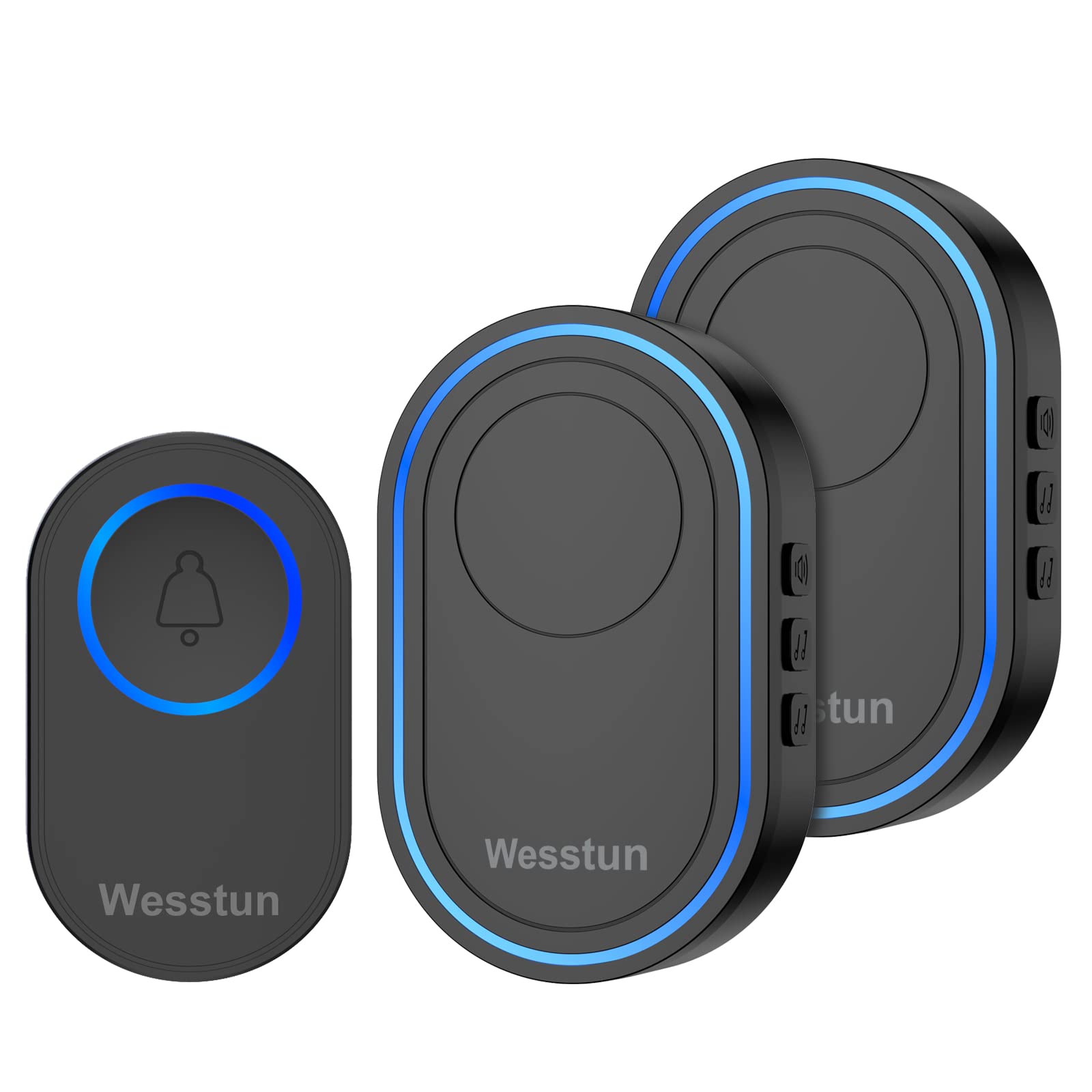 Wesstun Wireless Doorbell with 2 Receivers, IP67 Waterproof Door Chime Kit Operating at The Range of 300m, 2 Plug-in Door Bell Receivers with 39 Ringtones, LED Light & 5-Level Volume Control, Black