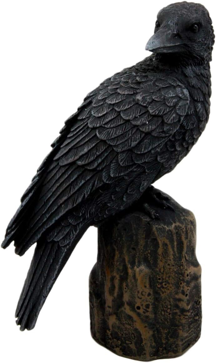 Photo 1 of Pacific Giftware Dark Raven Crow Perched On Tree Stump Collectible Figurine Lifelike Colors 6 inch Halloween Haunted House Evil Decor
