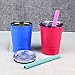 Colorful PoPo Small Cute Kids Cups 2 Pack, Stainless Steel Kid Tumbler with Lid and Straw, Double Wall Vacuum Insulated Toddler Sippy Cups, Children Smoothie Drinking Cup - Pink and Blue