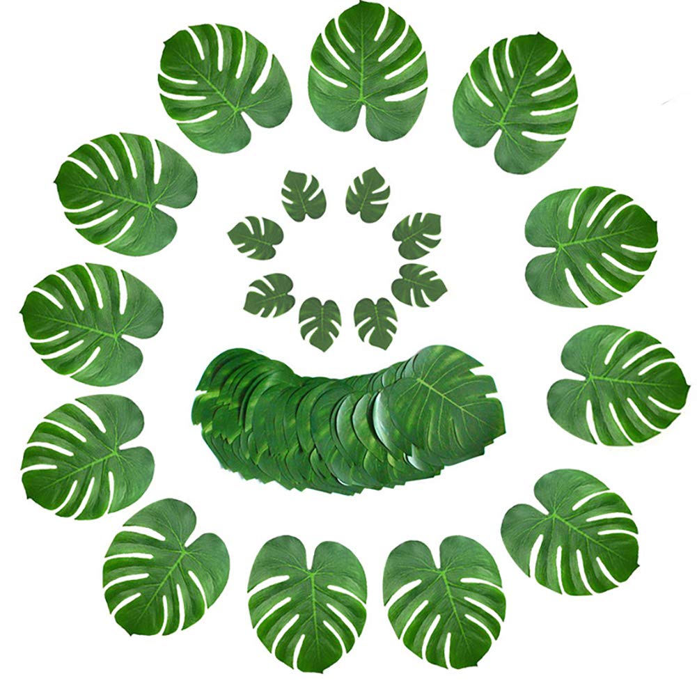 Fodattm 48PCS 3 Sizes Tropical Palm Monstera Leaves Tropical Party Decor Artificial Plant Simulation Leaf for Table Decorations Hawaiian Safari Luau Party Supplies