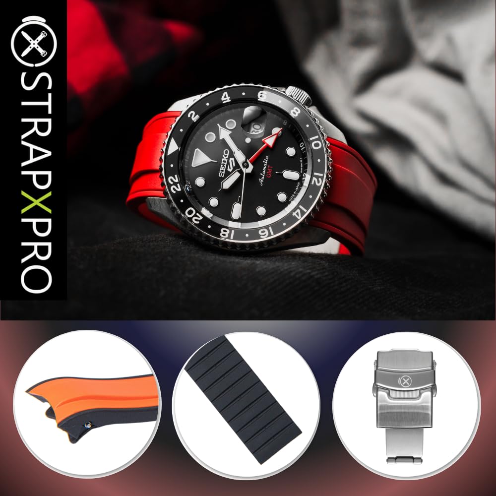 INO Design StrapXPro (SX1A) 22mm Watch Bands Men's Rubber Watch Strap Replacement for Seiko 5 Sports SKX Series Dive Watches, 5KX/SRPD & New GMT Series, Curved End Watchband for SRPD51, SRPD53, SRPD55K1, SRPD59K1, SSK017, SSK019, etc.