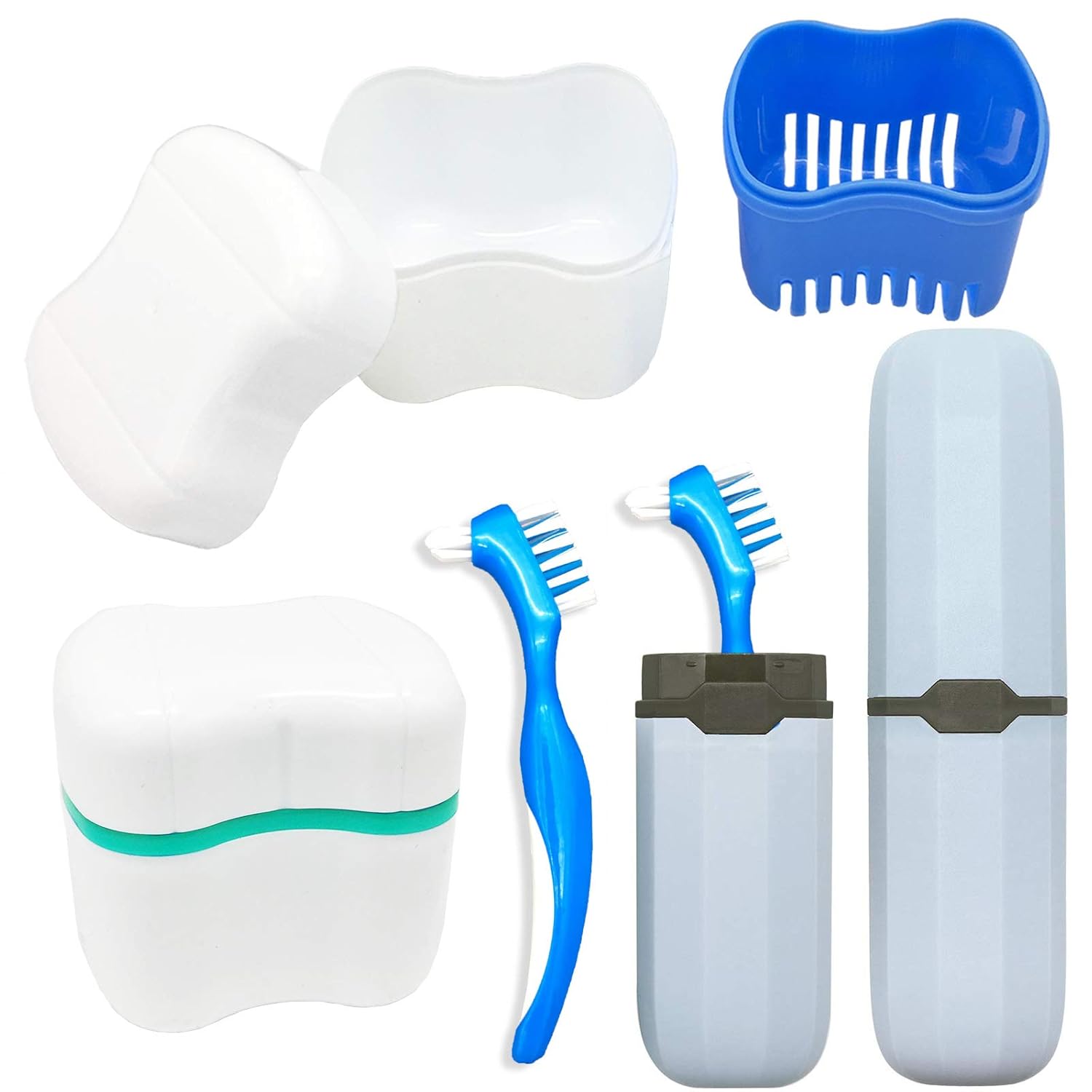 Denture Case Kit, 2 Denture Bath Cups with 2 Denture Brush & 2 Portable Toothbrush Box, Denture Brush Retainer Bath with Lid, Retainer Cleaning Denture Boxes, Toothbrush Kit for Travel : Beauty