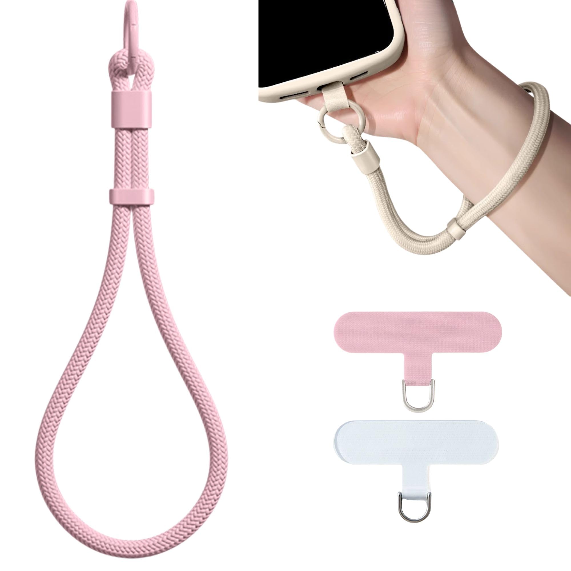 KIMAGIC Dopamine Minimalist Wrist Strap Phone Lanyard, Anti-Drop, Includes 2 Types of Phone Tabs (Clear & Matching Nylon) (03 Sakura Pink)