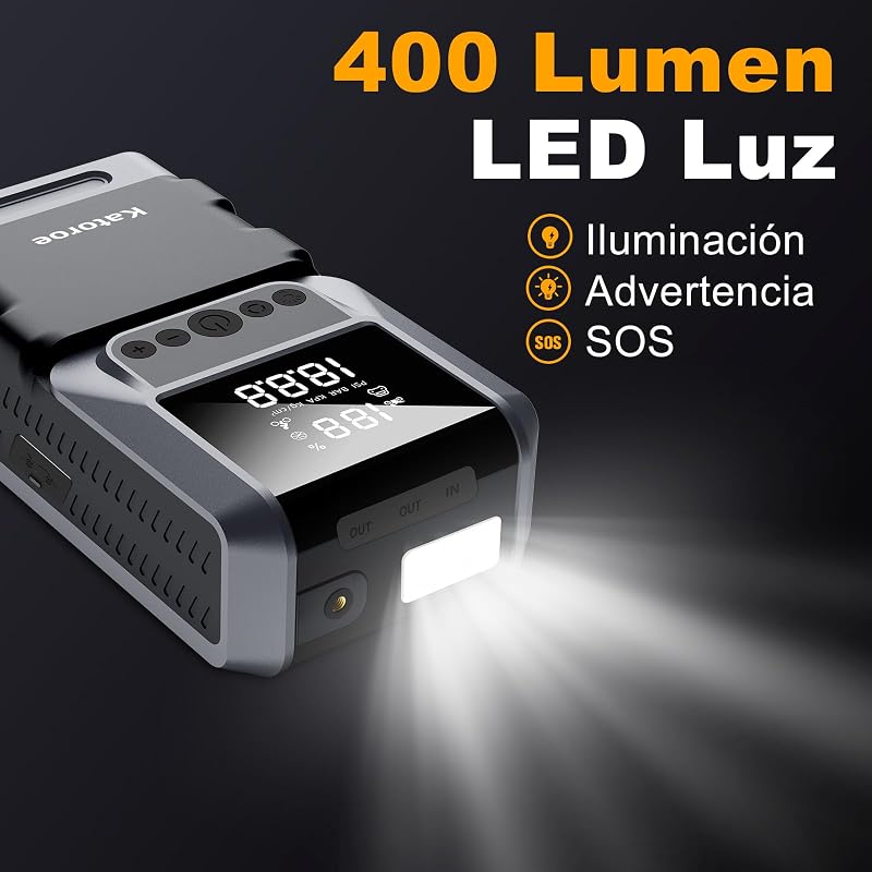 Arrancador de Coches 6000A con Compresor, 150PSI Inflador de Neumáticos, Arrancador de Baterias de Coche(10L Gasolina o 8L Diésel), 12V Jump Starter con Pantalla LED, Luz de Emergencia