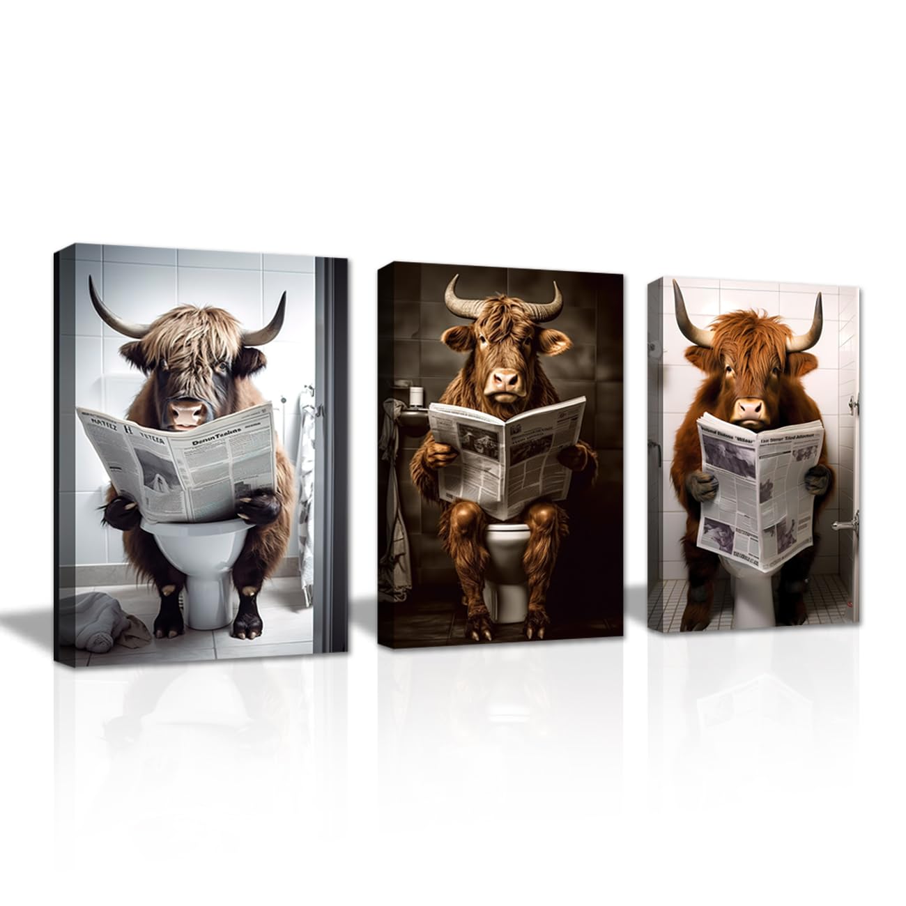 LZIMU 3 Piece Highland Cow Canvas Prints - Funny Animals Bathroom Pictures - Framed (11"x14"x3PCS)