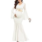 AISWI Maternity Dress Baby Shower Long Bell Sleeve Floral Lace Contrast Chiffon V-Neck Mermaid Pregnancy Photoshoot Gown