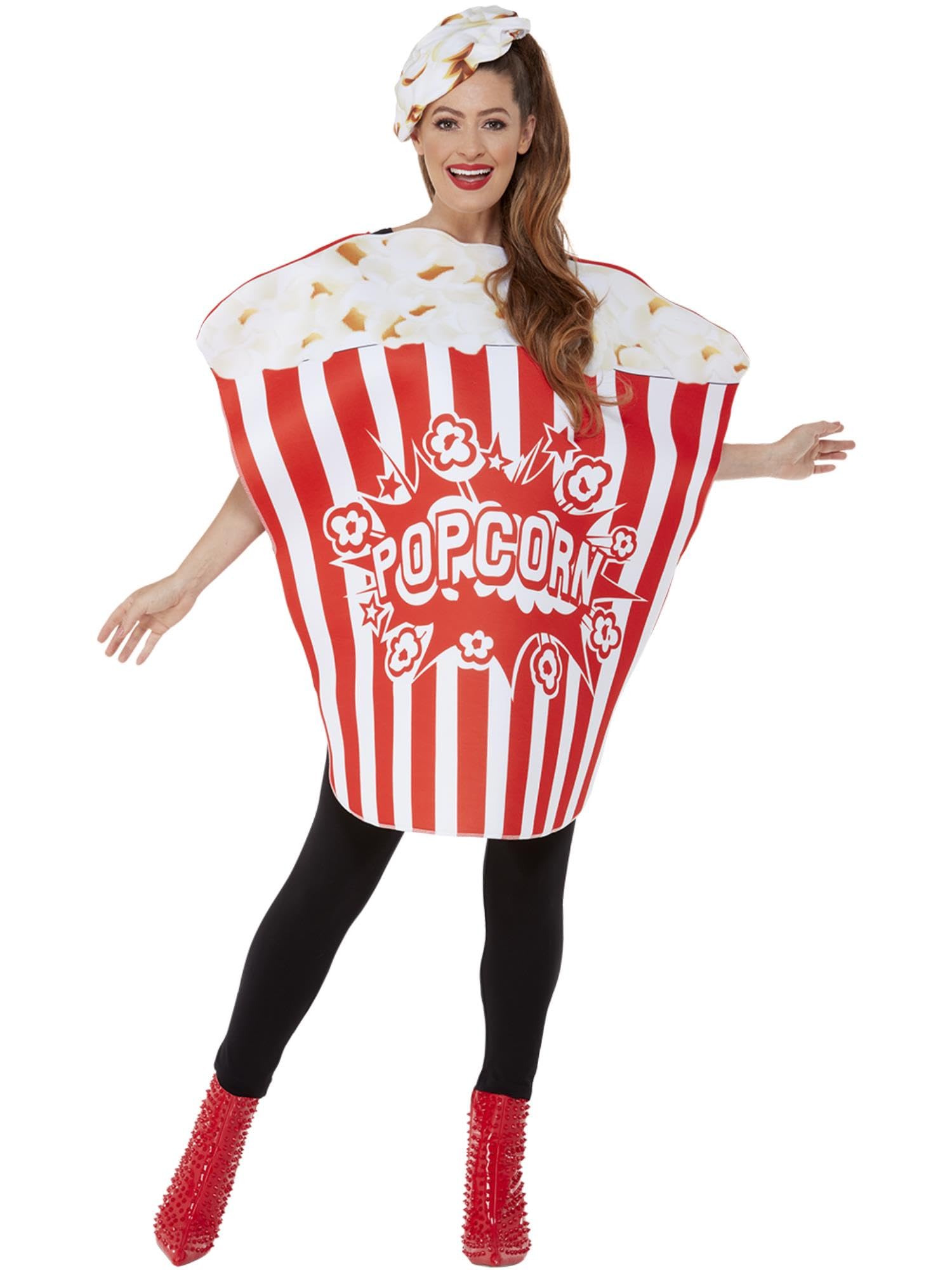 Smiffys Popcorn Costume, Red & White All In One & Hat, Funny Fancy Dress, Food/Drink Dress Up Costumes
