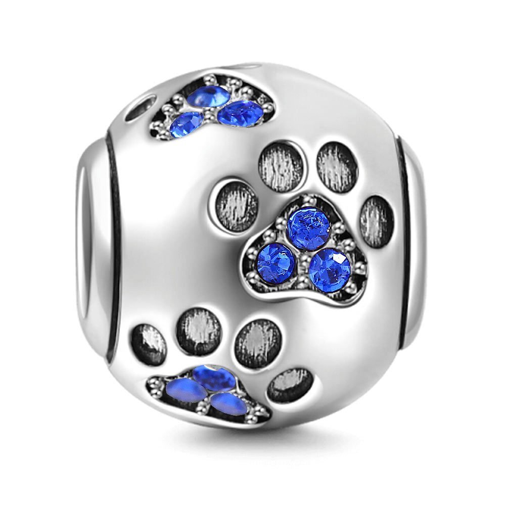 Dog Paw Charm 925 Sterling Silver Footprint Charm Animal Charm Birthday Charm Pet Charm for Pandora Bracelet (Blue)