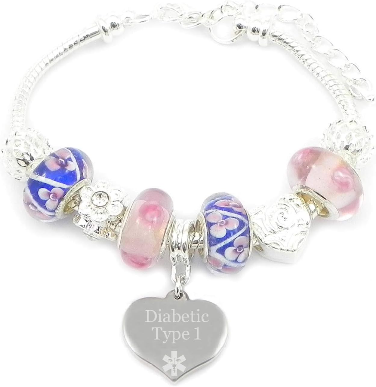 SanaBelle™ Medical ID Alert Emergency Blue with Pink Flowers Personalised Engraved Charm Bracelet - Girl's/Women's