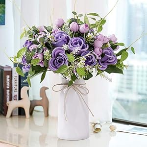 YUYAO Artificial Flowers Rose Bouquets with Vase Fake Silk Flower with Ceramic Vase Modern Bridal Flowers for Wedding Home Table Office Party Patio Decoration (Purple)