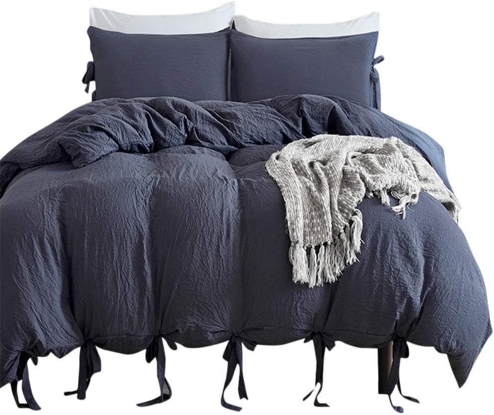 DREFEEL Egyptian Quality Vibrant Stone Washed Microfiber Dark Grey Close to Navy Duvet Cover Queen Size 3 Pcs Set (1 Duvet Cover, 2 Pillowcases) - Soft Comforter Cover Quilt Case -Solid Bedding