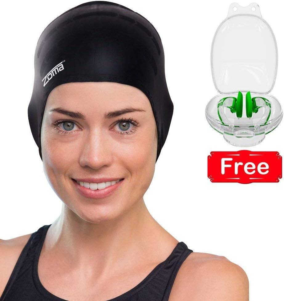 #1 Original Silicone Swimming Cap for Women and Men - Long Hair, Thick or Short - Average/Large Heads - With Ergonomic Ear Pockets to Cover Ears - Anti-Tear - Stronger Than Latex Swim Hats - Great for Adults, Older Kids, Boys and Girls - 100% Satisfaction Money Back Guarantee - FREE Nose Clip