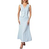 winkbay Women's 2 Piece Business Casual Outfits Striped Button Up Blazer Vest and Maxi Fishtail Skirt Set
