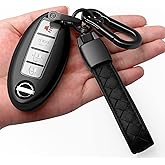 Compatible with Nissan Key Fob Cover with Leather Keychain Soft TPU 360 Degree Protection Key Case for Altima Maxima Rogue Armada Pathfinder Smart Key 3/4/5-Button,Black