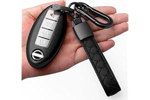 Autophone Compatible Nissan Altima Maxima Rogue Armada Pathfinder Key Fob Cover with Leather Keychain, Black, 4-Button, TPU Material, 360 Protection