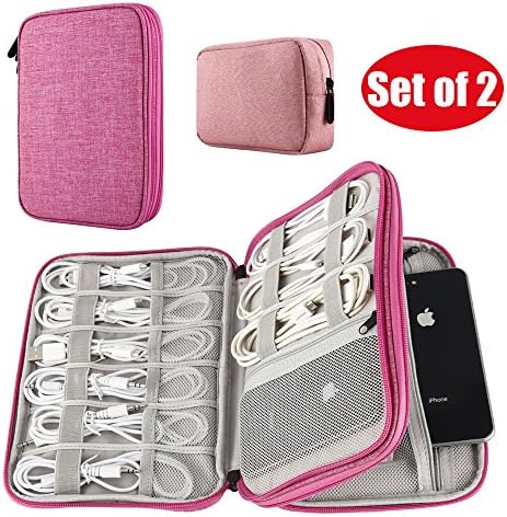 ISONA Travel Gear Organizer Electronics Accessories Bag, Set of 2, Small Gadget Carry Case Storage Bag Pouch for Charger USB Cables SD Memory Cards Earphone Flash Hard Drive (Peachblow & Pink)