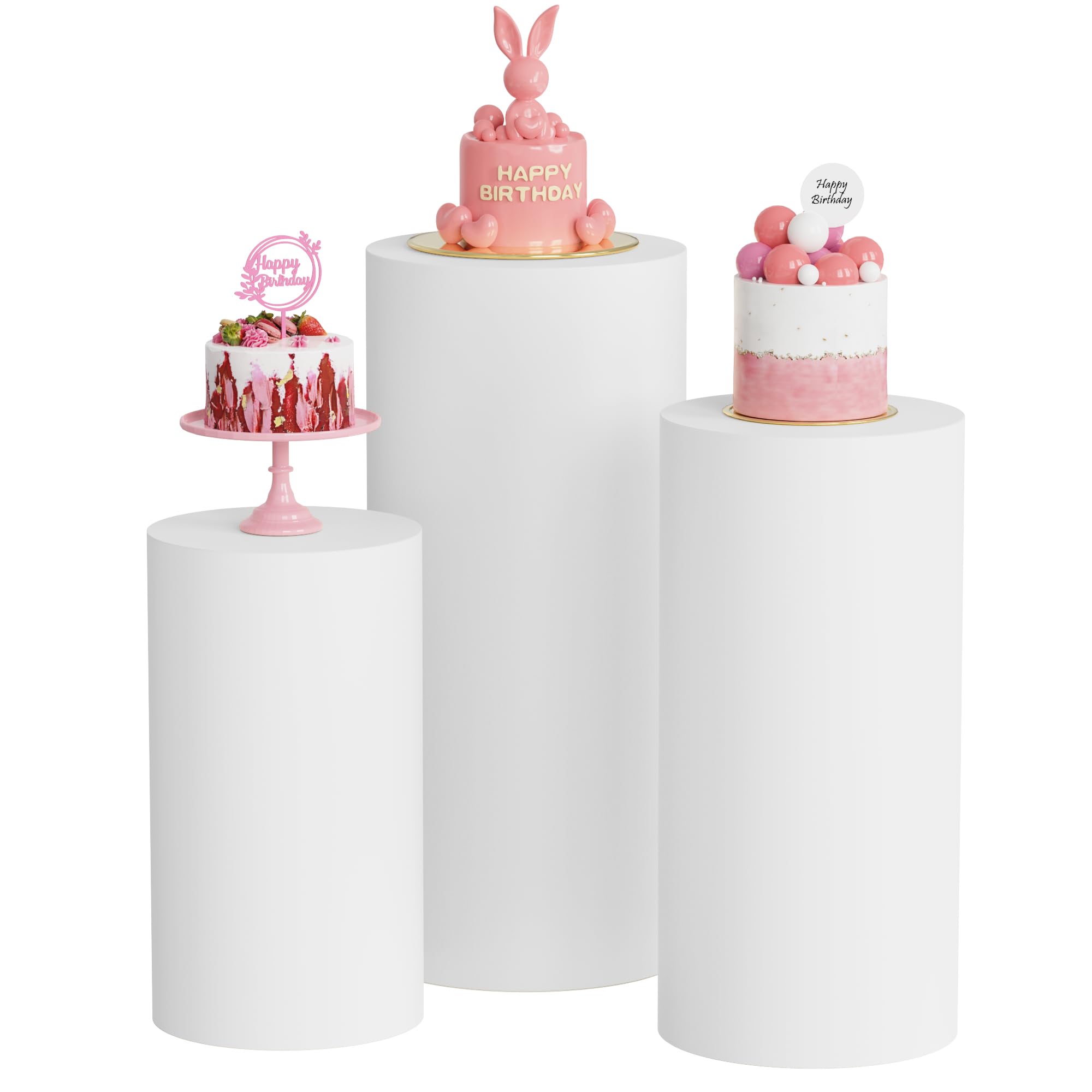 Photo 1 of Putros Cylinder Pedestal Covers White 3Pcs Spandex Cylinder Plinth Stand Cover for Party Wedding Props Event Decor