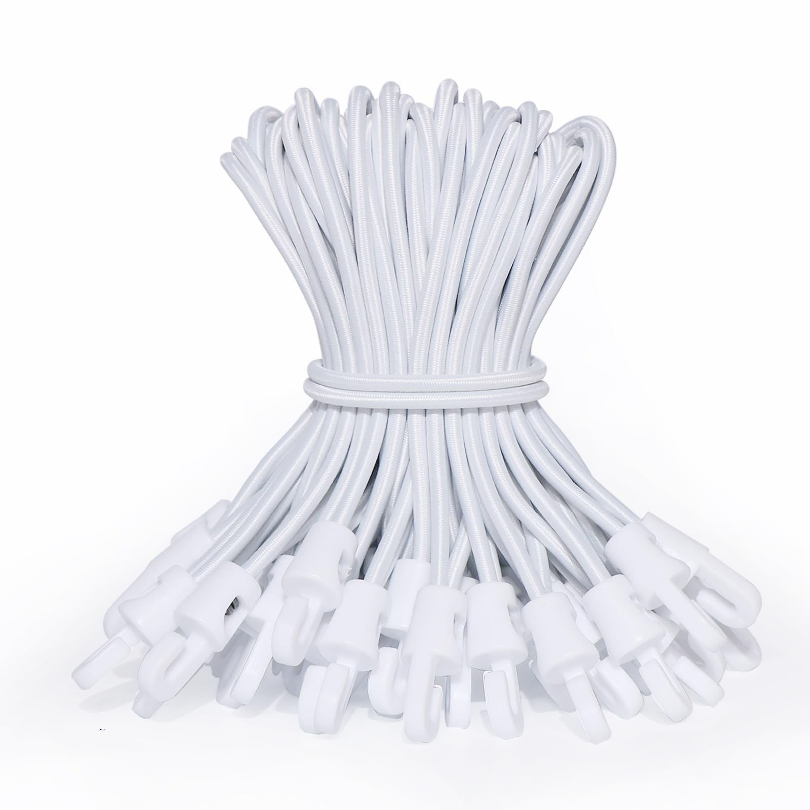 LOOGI Bungee Cords with Hooks 12 Pcs 10 Inch Elastic Bungee Ropes with Hooks - Short Tarpaulin Hooks - Small Bungee Rope (12, White, 10 Inch)