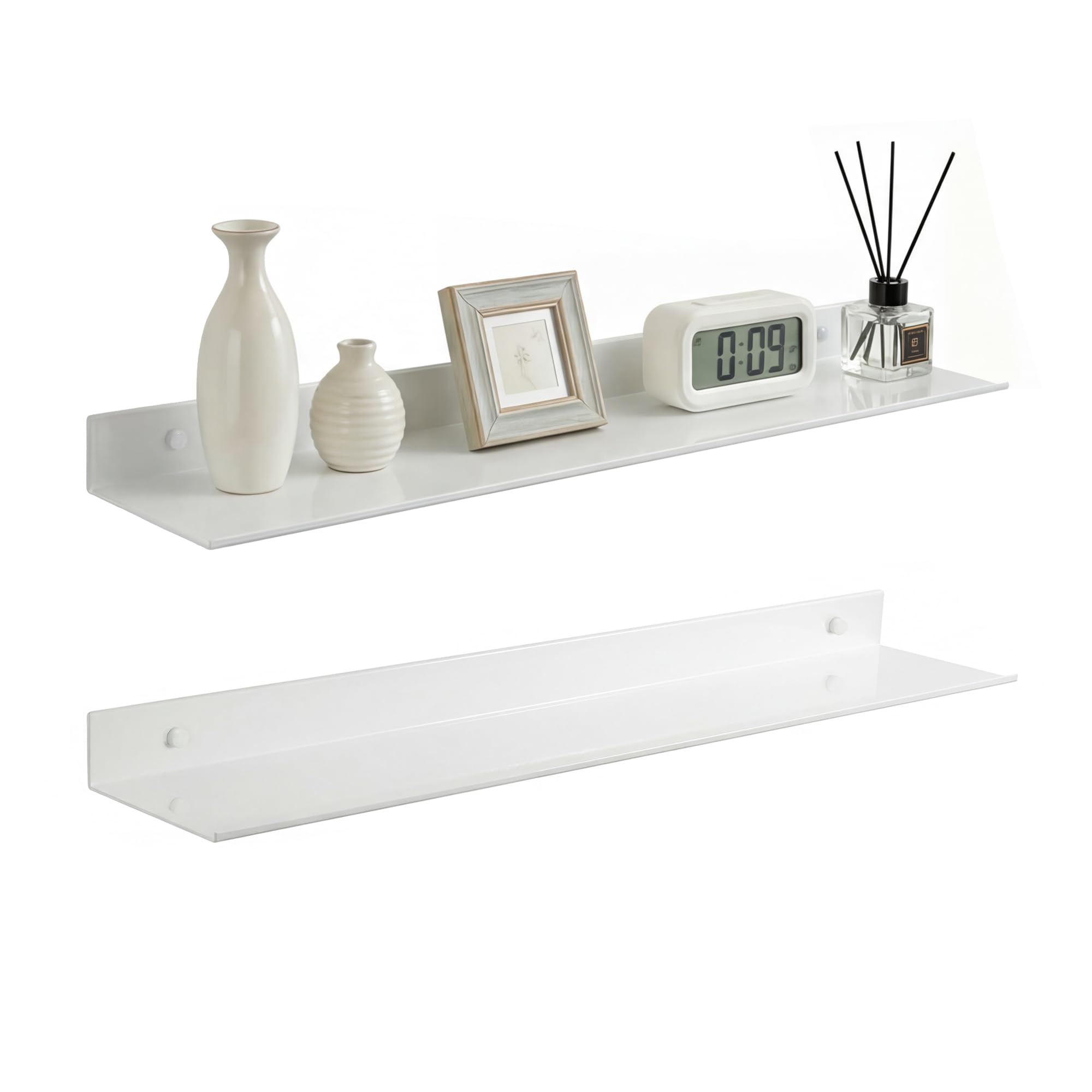 Z metnal Wall Shelf, 24inch Long Floating Shelves, Metal Hanging Shelf for Living Room Kitchen Storage Entry, Aluminum, Wall Mounted, White, 60cm, Set of 2