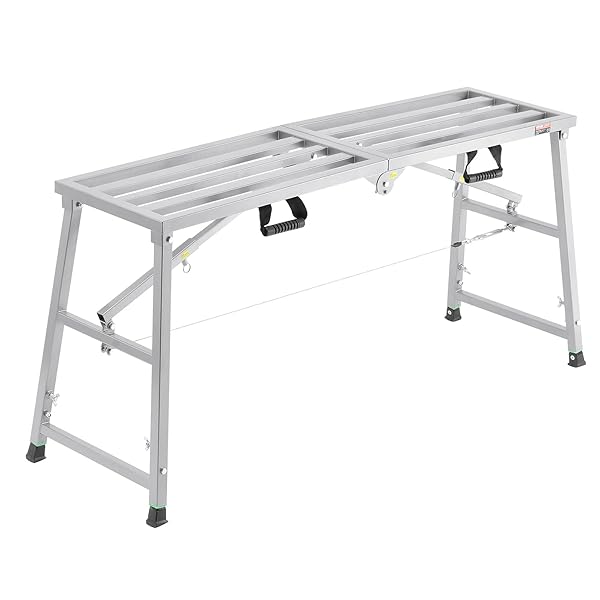 VEVOR WORK PLATFORM, 55″X 15″ PORTABLE SCAFFOLDING PLATFORM, FOLDING STEEL STEP LADDER ADJUSTABLE HEIGHT 27.5”-45.3”, 800 LBS LOAD CAPACITY, NON-SLIP DRYWALL PAINTING STOOL FOR CLEANING &WASHING